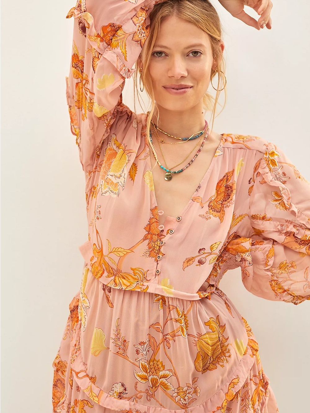 Anthropologie Sheer Ruffled Tunic Blouse- Blush Pink & Mustard Floral Print